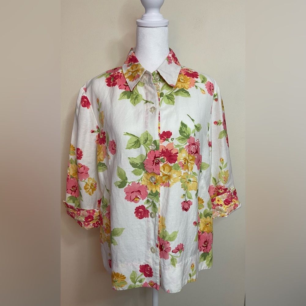 Emma James Women’s Floral Linen/Rayon Blend Button Shirt Blouse 3/4 Sleeves Sz 8